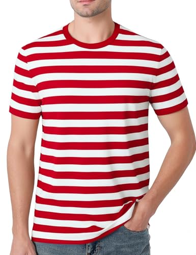 Funny World Red and White Striped Shirt Men Crewneck Short Sleeve Stripe Tee, Red & White, 4X-Large