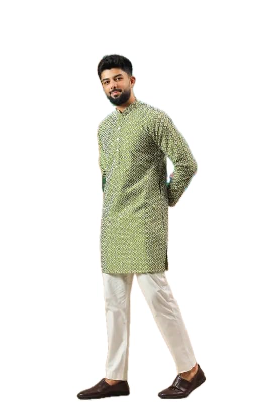 Image of LookMark Men's Printed Silk Blend Kurta with Mandarin Collar, Full Sleeves, Straight Fit Traditional Ethnic Wear