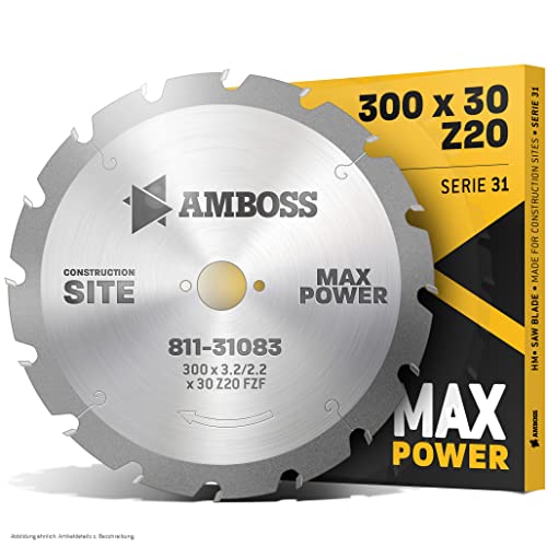 AMBOSS Lame de scie circulaire HM, résistante aux ongles, de diamètre 300 x 3,2 x 30 mm, pour une utilisation extrême aux chantiers de construction, FWF (20...