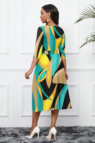 Image of CLOCOR Midi Dresses for Women Casual A-Line Fit and Flare Dress Crewneck 3 /4 Sleeve Keyhole Cocktail Party Church Dress