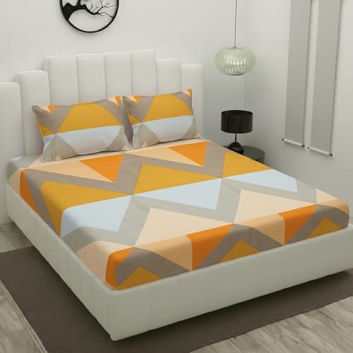Image of Filymore Double Fitted Bedsheet with 2 Pillow Covers | Orange Grey Geometric Printed Bedsheet for Double Bed | 240 TC Soft Microfiber Size 72x72 inches