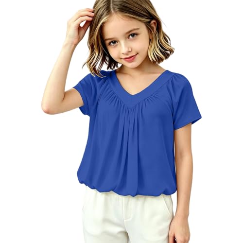 CGGMVCG Blusa de verano para niña, cuello en V, manga corta, con volantes, plisada, informal, holgada, lisa, para edades de 4 a 12 años, turquesa, 8-9 Years
