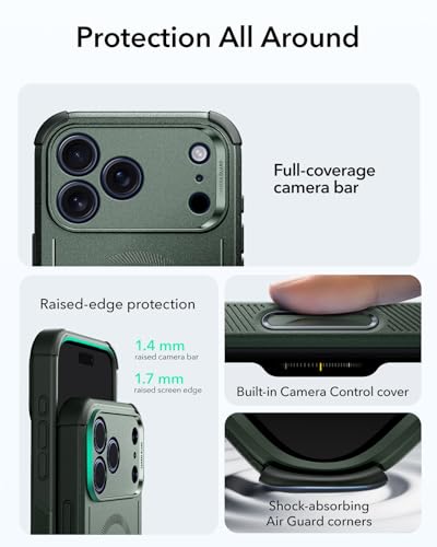 Image of ESR for iPhone 17 Pro Phone Case, 23ft Military-Grade Drop Protection, Shock-Absorbing Rugged Cover, MagSafe Accessories Compatible, Cyber Series, Olive Green