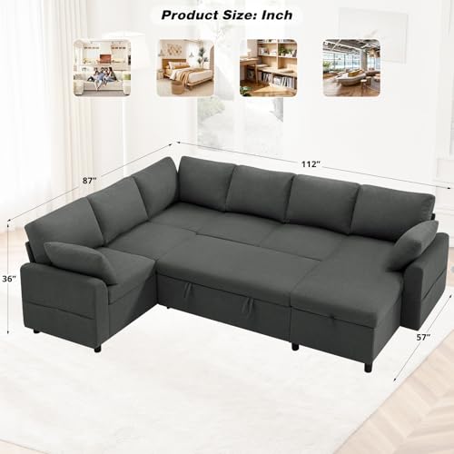 Image of 112 inch Fabric Sectional Sofa w /Pull Out Bed & Storage Chaise, Grey