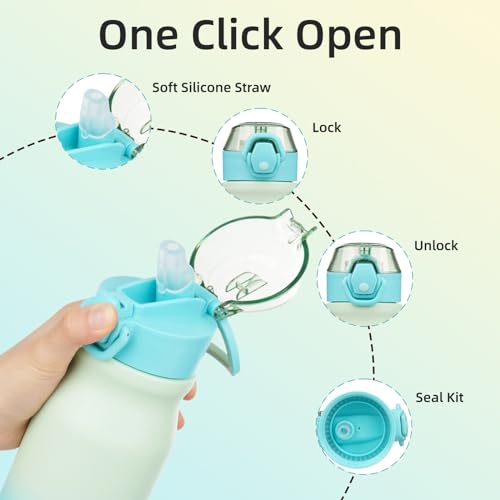 Image of BJPKPK 25 oz Insulated Water Bottle, Straw, Handle, Stainless Steel Flask | Leak Proof Locking Lid, Thermal, Double Wall Vacuum, Keeps Hot /Cold, BPA Free, Dishwasher Safe, Travel & Sports, Mint