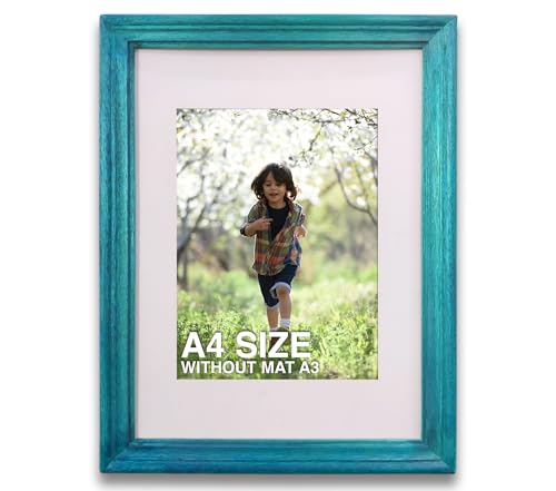 Image of A4 Size Wooden Photo Frame with Mat, Blue Photo Frame for Wall Decoration, Home Decor for Wall Hanging, Best Wooden Photo Frame for Posters and Photos (A3 Size Matted to A4 Size)