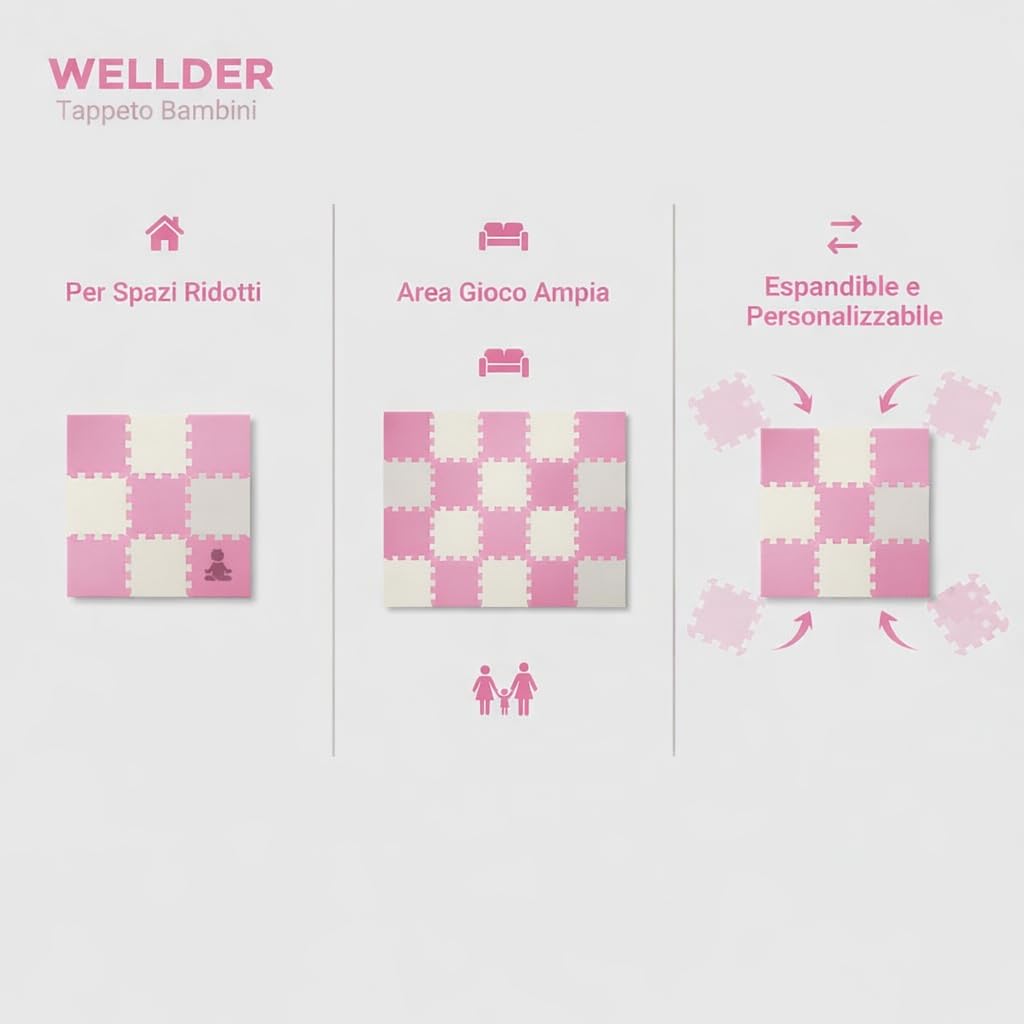 Tappeto Puzzle Bambini in EVA Antiscivolo – 18 Pezzi Rosa e Grigio 29,5x29,5 cm, Morbido e Atossico, Tappetone Gioco per Gattonare, Certificato CE, WELLDER
