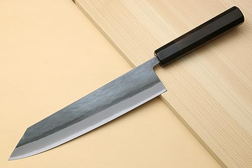 Image of Yoshihiro Kurouchi Black-Forged High Carbon Blue Steel Stainless Clad Kiritsuke Japanese Multipurpose Knife Ebony Handle (9.5 inch (240mm) & Saya)