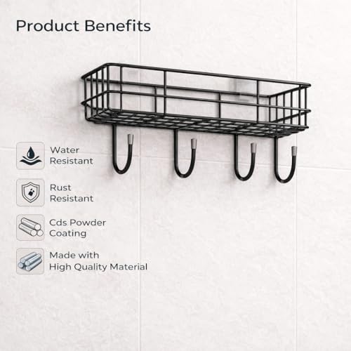Image of PulGos Pack-1 Multipurpose Wall Shelf with 2 Adhesive Hooks - Durable Mounted Storage Rack for Bathroom, Kitchen & Toilet, Space-Saving, Wall Stand Organizer for Home & Office Use Without Drill