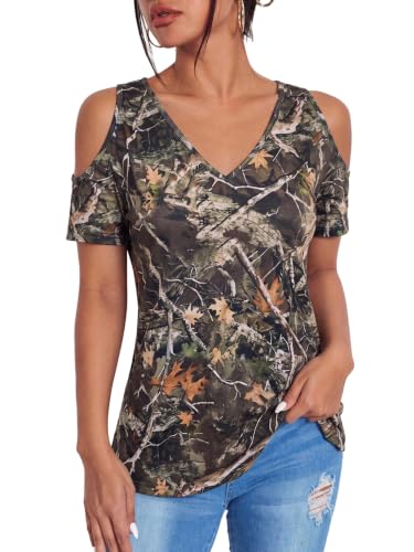 Image of RoseSeek Women's Camo Leopard Cold Shoulder T Shirts Summer Camouflage Tops | V Neck, Short Sleeve, Slim Fit, Camo Shirts, Camouflage Shirts, Summer Clothes, Vintage Streetwear