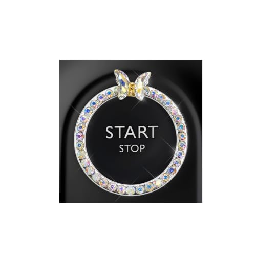 Image of DXNQ Bling Ring Emblem, Sparkling Butterfly Car Buttons and Knobs Ring, Girly Butterfly Diamond Car Engine Start Button Cover, Key Ignition Knob Rings Decoration for Women (AB, Single Row)