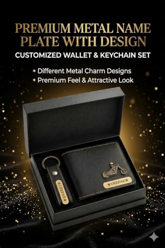 Image of Customized Wallet & Keychain Combo for Men | Personalized Name Wallet Gift Set | Vegan Leather, Engraved Keychain | Birthday, Anniversary & Valentine Gift (Black)
