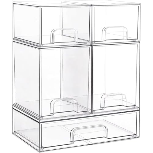 5 pack of Stackable Storage Drawer Set Clear Plastic Organizer Bins for Baby Bottle Kitchen Countertop Beauty Supplies Storage Vanity Bathroom Pantry