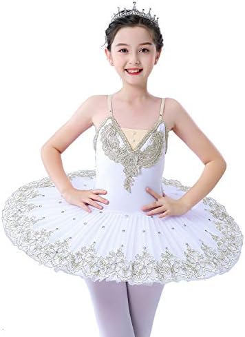 ORIDOOR Girls' Camisole Skirted Leotards Swan Dance Ballet Dress Lace Rhinestone Ballet Tutu Costumes for Performance (4-5T, 014 White)