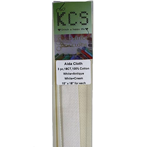 Image of KCS 3 pc of 15 inch x 18 inch Counted Cross Stitch Cotton Aida Cloth Needlework Fabric,18CT,White+Antique White+Cream