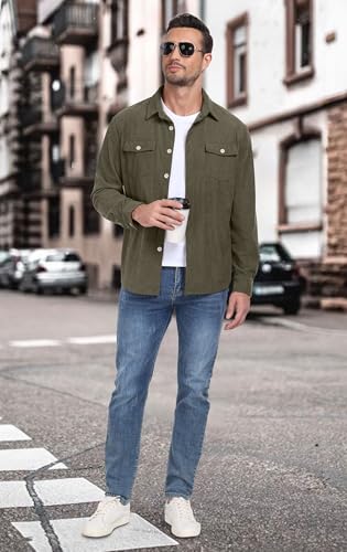 Image of Askdeer Men's Corduroy Button Down Shirts Long Sleeve Casual Shacket Jacket Western Corduroy Shirt Jacket with Flap Pockets