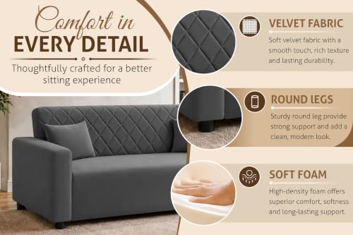 Image of Rosebell 3 Seater Wooden Sofa for Living Room, Modern Fabric Upholstered Sofa with Quilted Backrest, Cushioned Seating, Padded Armrests & Sturdy Wooden Frame - Grey