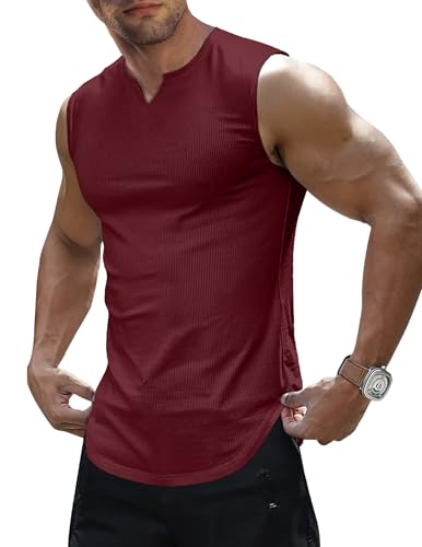 JMIERR Mens Workout Tank Tops Summer Gym Muscle Ribbed Sleeveless Shirt Casual Knitted Slim Fit Beach Tee,US36(L),Burgundy