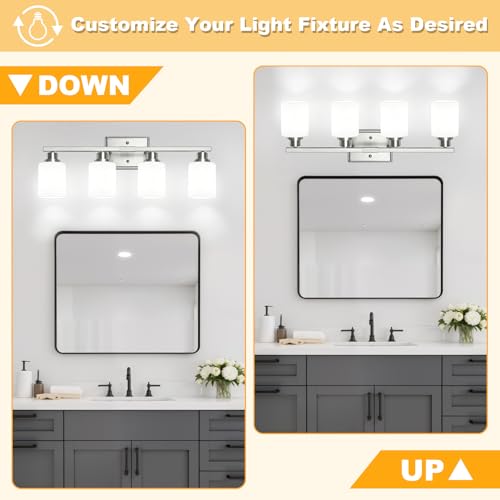 Image of Unicozin 4-Light Bathroom Light Fixtures, Modern Brushed Nickel Vanity Light Over Mirror, Wall Sconces with Milky White Glass Shades for Living Room Bedroom Hallway E26 Base