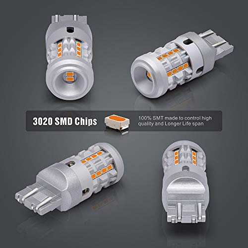 SIRIUSLED RLS 7443 7444 Built In Resistor Canbus Anti Hyper Flashing Error LED Turn Signal Light Bulb with Full Aluminum Body Dual Filament Smart Driver Amber Orange Color Pack of 2