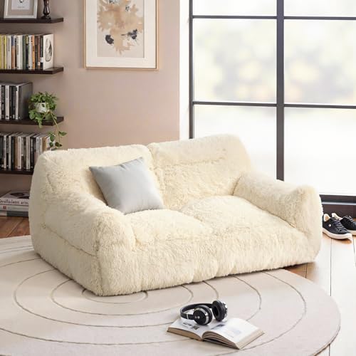 Pouf Géant 2 Places Fausse Fourrure Beige Pamapic