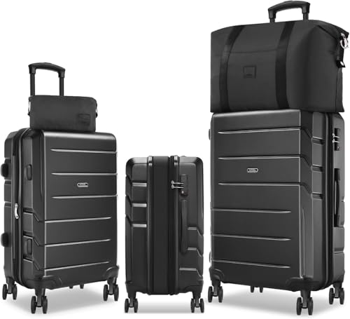 Image of Hoteel Luggage Sets 5 Piece, 4-Year Warranty, Carry-On Luggage with Dual-Spinner Wheels, ABS Hard Shell Suitcase with TSA Locks, Lightweight Luggages for Travel, BLACK(20IN /24IN /28IN /DB /TB)