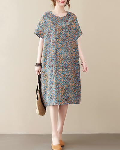 Image of LUZU JUNU Women's Summer Baggy Plus Size Loose Cotton Linen Long Boho Beach Dress with Pockets