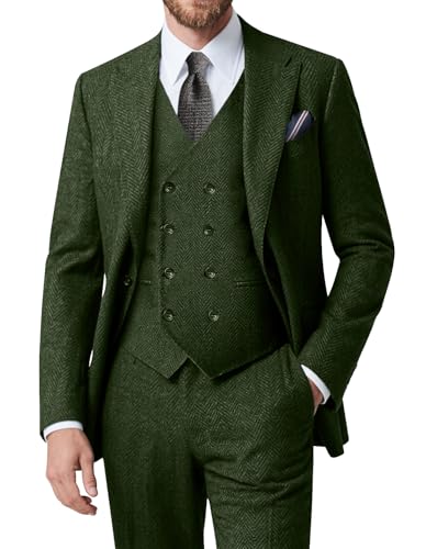 Retro 3 Piece Suit Men Slim Fit Formal Tweed Blazer Vest Pants Wool Prom Green Men Tuxedo M