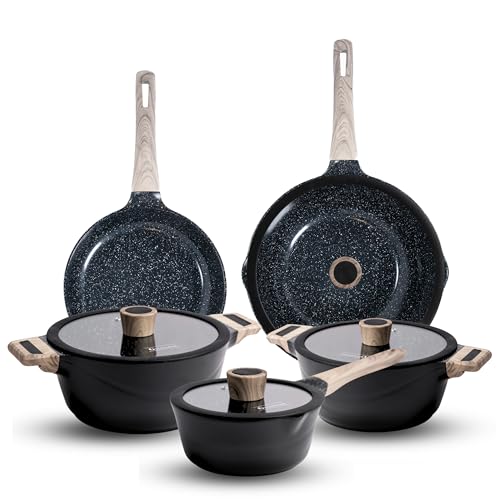 GOLDMANN Set di pentole 9 pezzi – alluminio pressofuso con rivestimento antiaderente in ceramica – adatto a induzione, tutti i piani cottura, con coperchio in vetro, cottura senza grassi, antigraffio