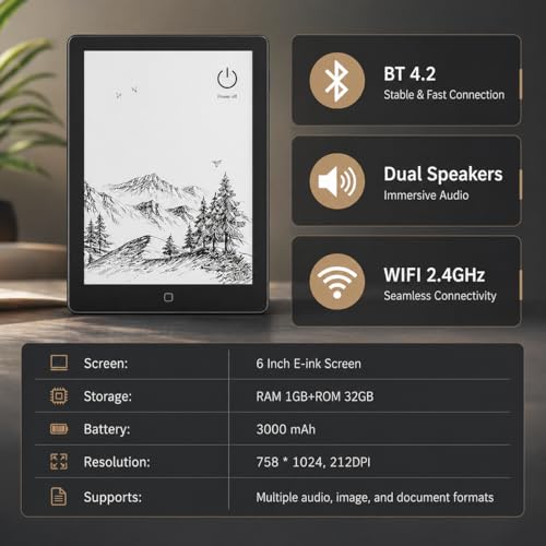 Image of Cason E8- E-Reader Tablet with Black E-Ink Display with Adjustable Back Light -6 inch Portable Glare-Free Ebook Reader, Built-in Speaker, WiFi,Long Lasting Battery(32 GB Internal Memory)
