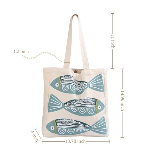 Ocean-Themed Embroidery Tote Bag for Women Summer Canvas Beach Bag Reusable Bag for Shopping Grocery Book - Image 4