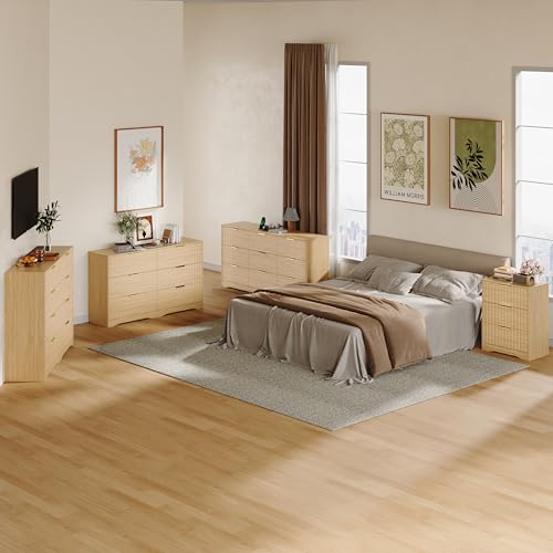 Image of Fluted 8 Drawer Dresser for Bedroom, 55 inch Wide Modern Wooden Chest of Drawers with Metal Handles, TV Stand & Closet Storage Organizer for Living Room,Hallway, Natural Wood