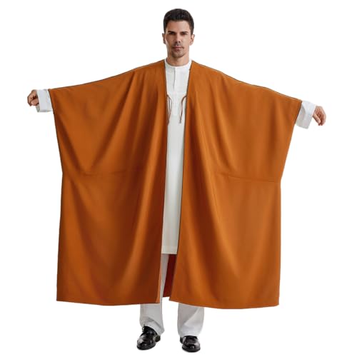 Muslim Men's Pure Color Long Sleeves Bisht Cardigan Robe Ramadan Eid Thobe (Camel, X-Large)