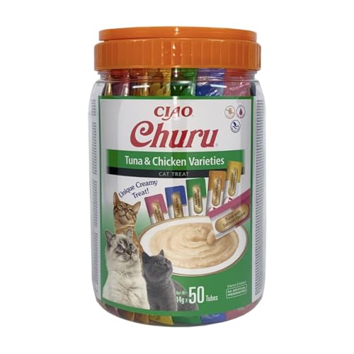 INABA Churu - Friandises pour Chats en Purée Variétés de Thon & Poulet - Délicieux Snacks pour Félins - Texture Lisse et Onctueuse - Nourriture pour Chats - 50 Tubes x 14g