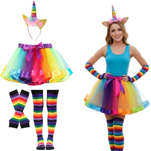 Déguisement Carnaval Femme, 4 Pièces Deguisement Licorne Fille, Robe Princesse Fille Adulte, avec Coloré Tutu Jupe, Bandeau de Licorne, Gants, Chaussettes, pour Carnaval Cosplay Mascarade Fête à thème