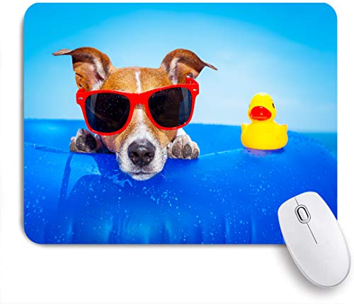Mauspad,Jack Russell Hund auf einer Matratze im Meerwasser am Strand Sommer tragen rote Sonnenbrille,Laptop Tischunterlage wasserdichte