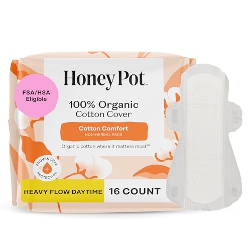 100% Organic Cotton Cover Heavy Flow Daytime Pads, 16 Count, The Honey Pot Company