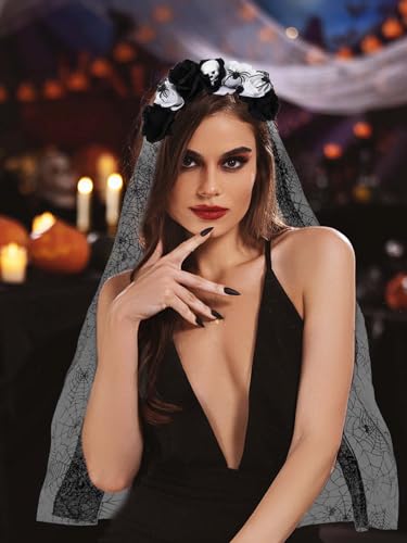 IYOU Halloween Veil Headband Black Flower Hair Bands Skull Floral Headpiece Festival Party Hair Accessories for Women - Image 3