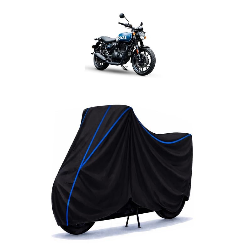Image of Hunter 350 Retro Bike Cover Water Resistant Universal Motorcycle Rain | Heavy Duty UV Protection, Dust, Scratch Indoor Outdoor All Weather with Black Blue Piping Elastic