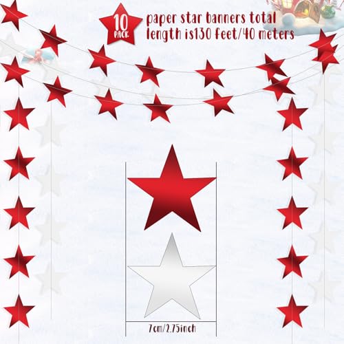 Image of Patelai 130 Feet Glitter Star Garland Banner 2026 Party Decoration Double Side Star Hanging String Streamer Paper Twinkle for Graduation Wedding Birthday (Red and White)