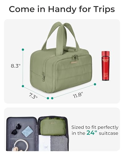 Image of BAGSMART Travel Toiletry Bag, Lightweight Large Wide-Open Toiletry Bag for Women, Puffy Cosmetic Makeup Bag Organizer with Handle for Accessories,Essentials, Toiletrie, Army Green, Large, Puffy
