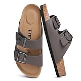 FITORY Mens Leather Sandals, Arch Support Slides with Double Buckle Adjustable Straps & Cork Footbed for Summer Grey Size 7.5
