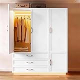 72' Armoire Wardrobe Closet with 3 Door Wooden Bedroom Armoire with LED Light 3 Drawers Capacity Storage Modern Wardrobe Cabinet with Retro Ceramic Door Handles Large and Removable Hanging Rod White
