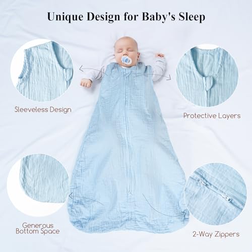 Image of david's kids Muslin Cotton Baby Sleep Sack 12-18 Months, 2 Pack 100% Cotton Sleeping Bag for Summer, TOG 0.5 Baby Wearable Blankets with 2-Way Zipper, Soft Sleep Sack for Newborn Infant, White & Blue