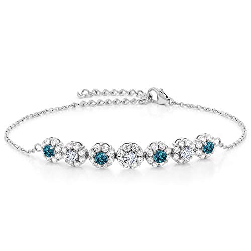 Gem Stone King 925 Sterling Silver Pendant 7 Inch Tennis Bracelet For Women with 2 Inch Extender Round London Blue Topaz and Timeless Brilliant Moissanite 1.28cttw