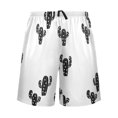 Black Cactus Plant Pajama Shorts for Men Lounge Pants Sleepwear Shorts Pajama Mens Sleeping Shorts with Pockets, S-XXL