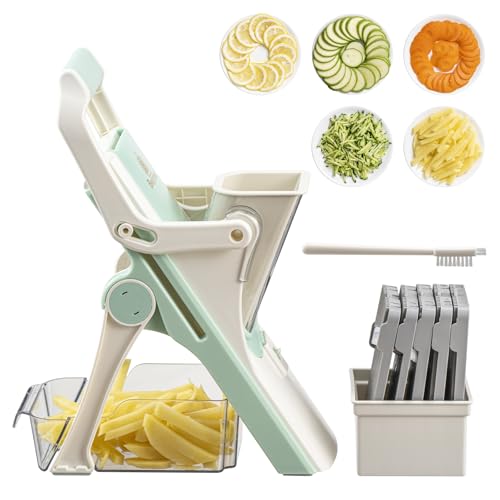 Brieftons Safe Mandoline Vegetable Slicer with 5 Removable Blades to Slice, Julienne, Chip, Chop, Dice Veggies/Fruits, Injury-Free Design, with Catch Container, Cleaning Brush, 5 Recipe Ebooks