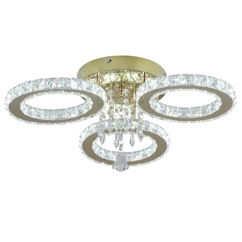 VETRULUS Moderner Kristall-LED-Kronleuchter – Goldene Deckenleuchte mit 3 Ringen, Dimmbar für Schlafzimmer, Esszimmer, Flur