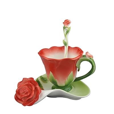 Beddinginn Chinese Tea Cup Set Flower Teacups And Saucer Sets Rose Shape Porcelain Coffee Mug With Spoon (Red)