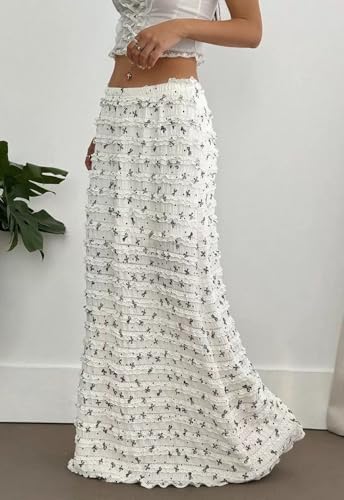 CHARTOU Women Y2k Lace Maxi Skirts Tiered Bow Print Elastic Waist Long Skirt2